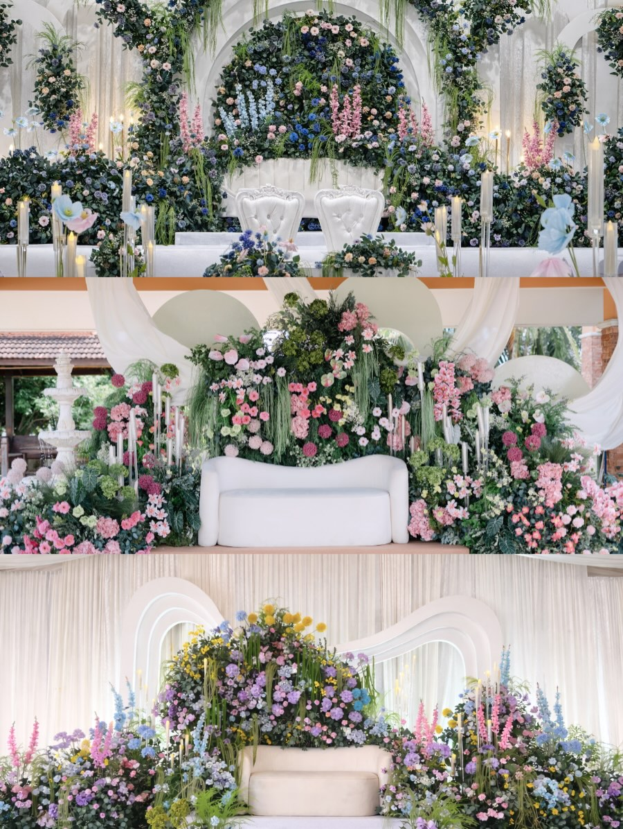 Three flower-covered wedding stage decorations